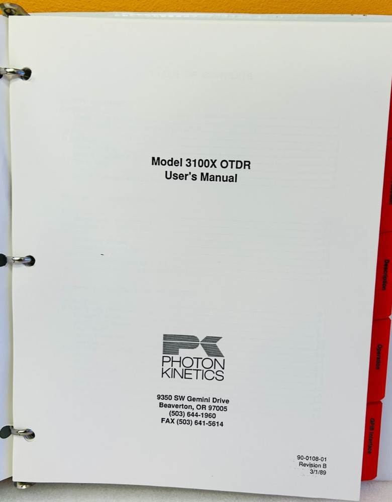 Photon Kinetics 90-0108-01 Model 3100X OTDR User's Manual.