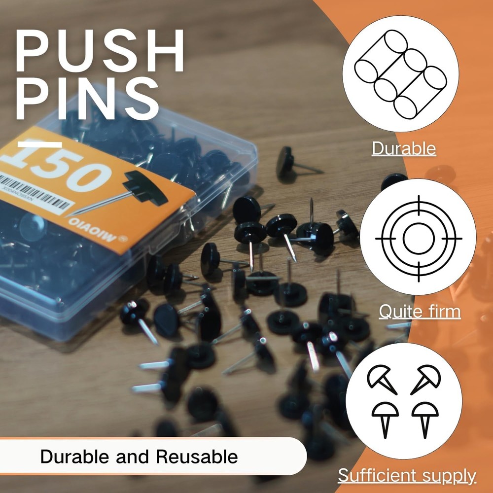 150 PCS Black Flat Push Pins for Wall Thumb Tacks Walls