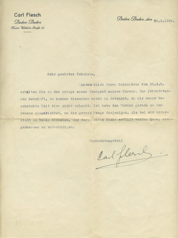 Carl FLESCH (Violinist): Typed Letter Signed