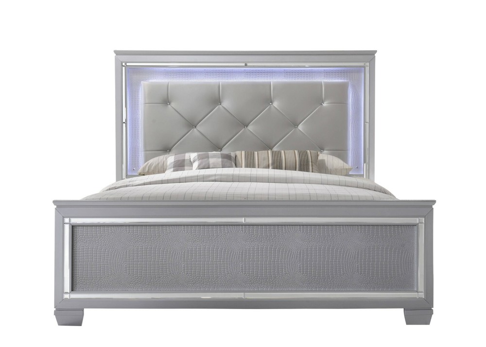 4pc Modern Beautiful Queen Size LED Upholstered Bed Set Silver Crocodile Finish