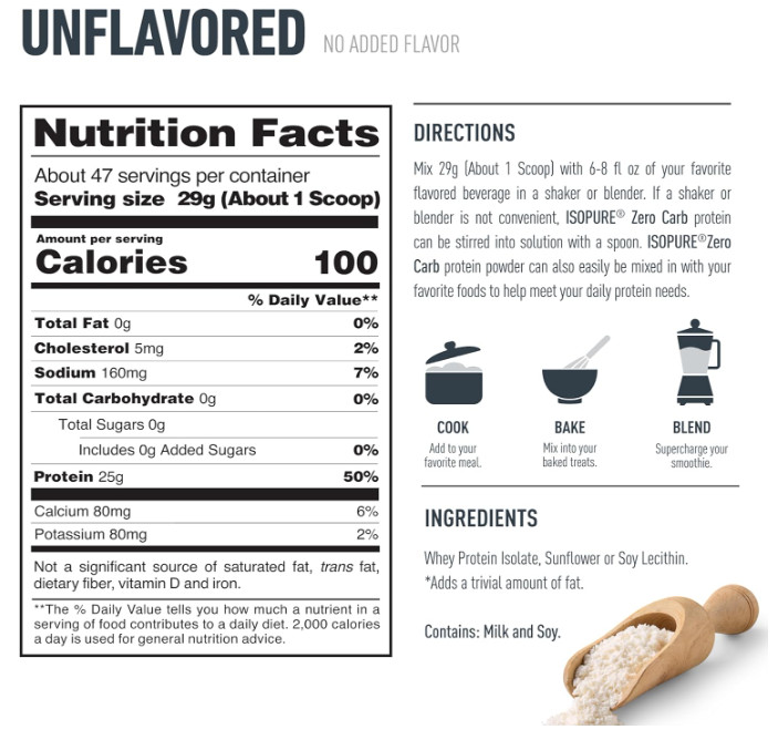 Isopure Zero Carb Whey Isolate Protein Powder, Unflavored, 3 lb, 47 Servings