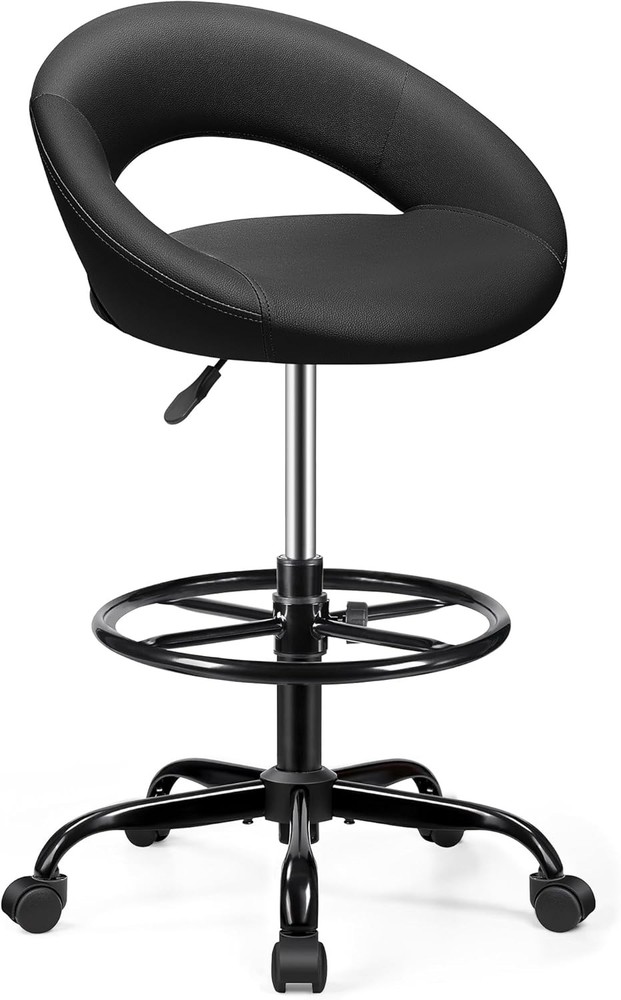 Office Drafting Chair Bar Stools W/ Back Support Adjustable Foot Rest & Wheels
