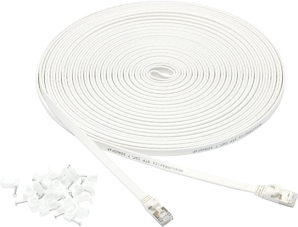 RJ45 Cat 7 Ethernet Patch Cable, Flat, 600Mhz, Snagless, Includes 20 Nails, 5...