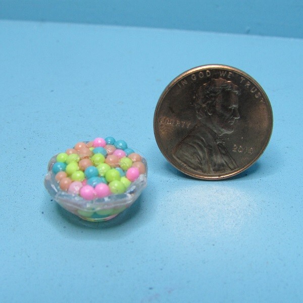 Dollhouse Miniature Easter Candy Dish with Bright Colored Gumballs or Candy