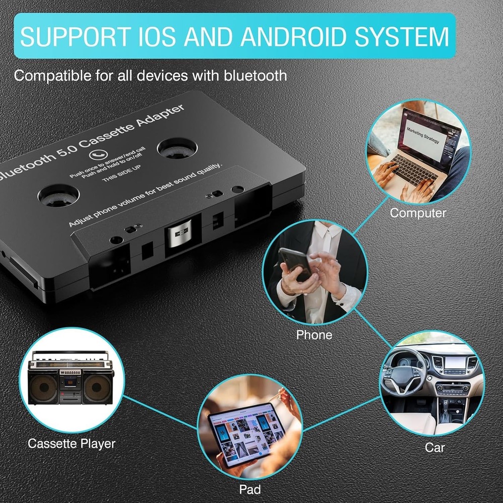 Car Audio Bluetooth 5.0 Cassette Receiver, Function Button, Black