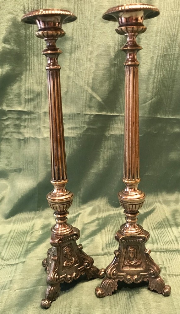 Antique Pair of Silver Plated Ecclesiastic Candlesticks