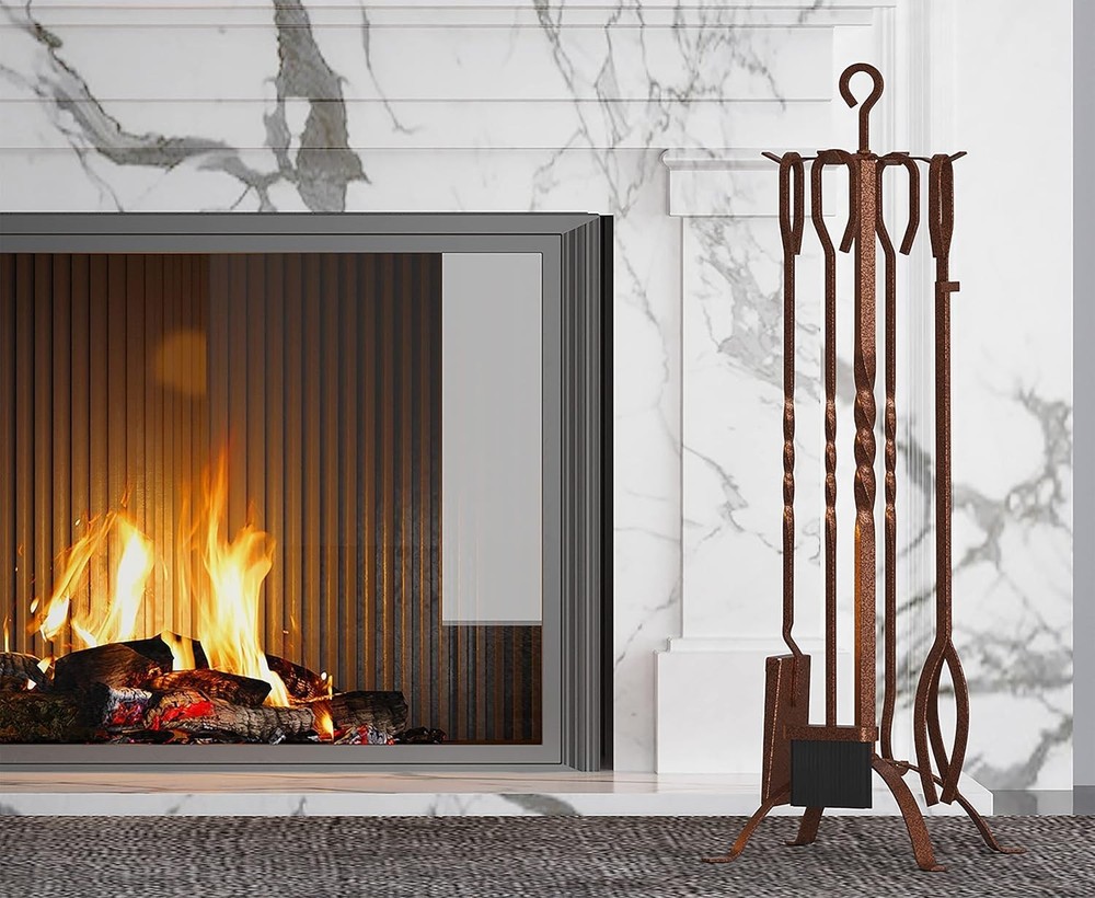 5-Piece Rustic Fireplace Tool Set in Antique Bronze - Elegant & Functional Decor