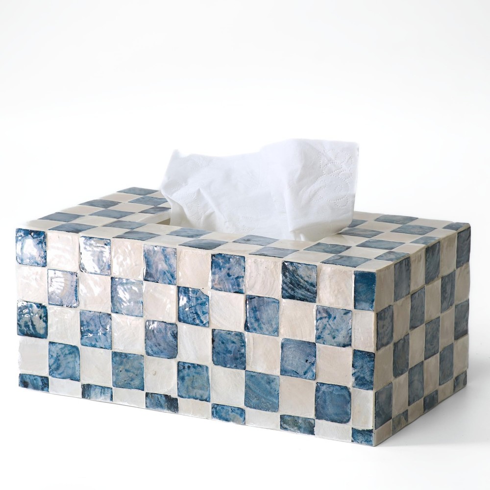 Rectangle Checkered Tissue Cover Handmade with Capiz Shells, Decorative Tissu...