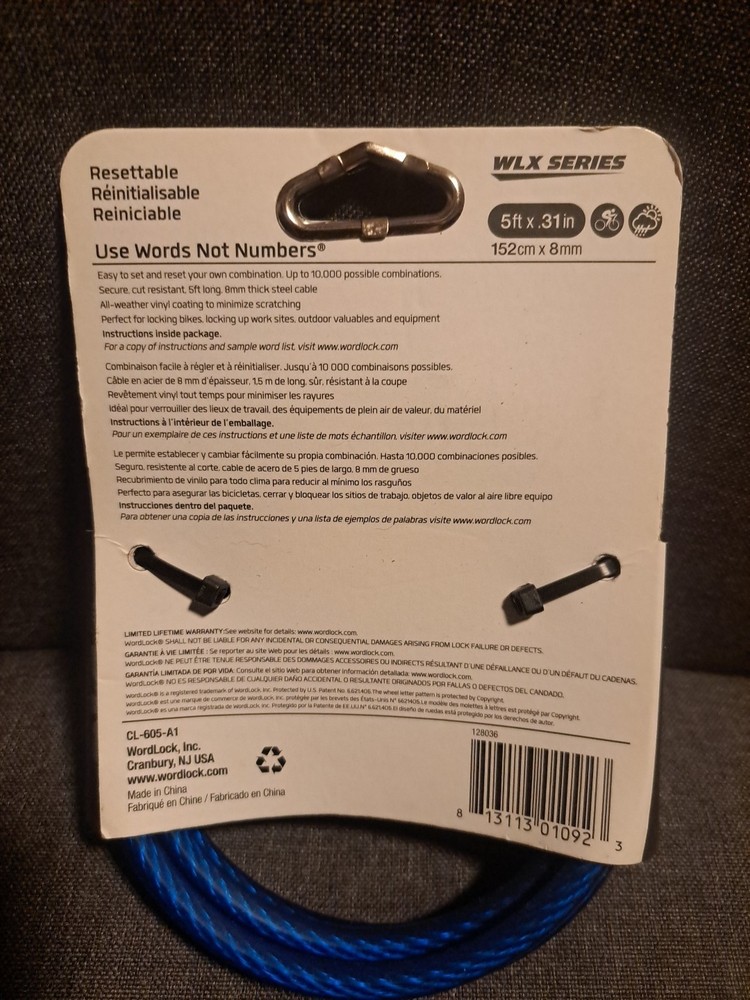 WLX, Wordlock Bicycle, Tools, Almost Any Security Cable Lock System. 5'x.31"