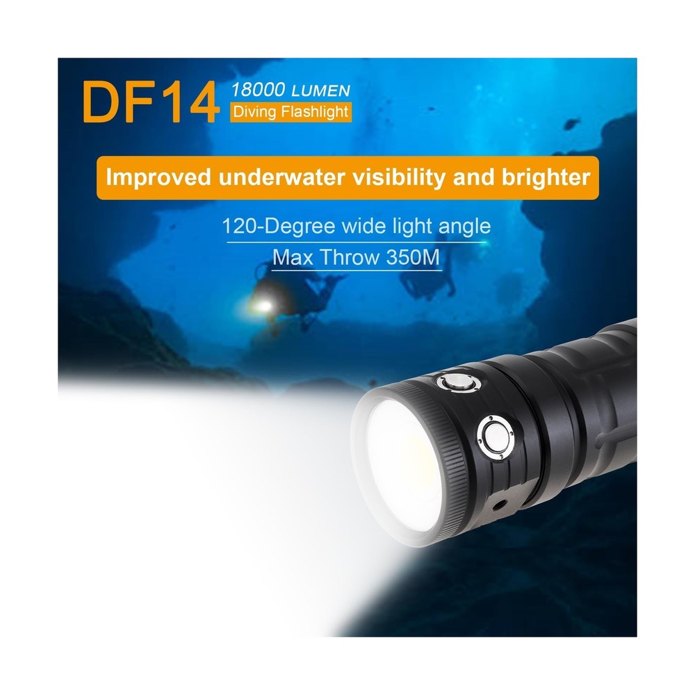 DF14 18000 Lumen Diving Flashlight, 100m Underwater Video Light, Rechargeable...