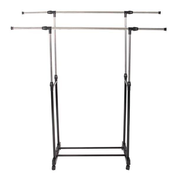 Dual-bar Vertical & Horizontal Stretching Stand Clothes Rack with Shoe Shelf