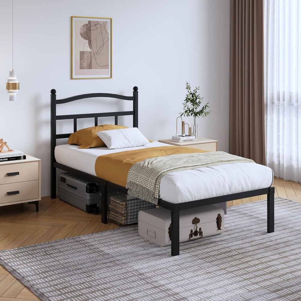 14 Inch Metal Bed Frame Twin Size Heavy Duty Bedframe W/ Headboard Black Basic
