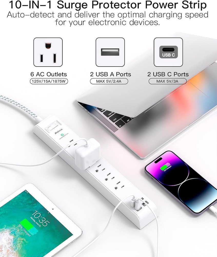 Compact Wall-Mount Surge Protector Power Strip with 6 AC Outlets & USB Charging
