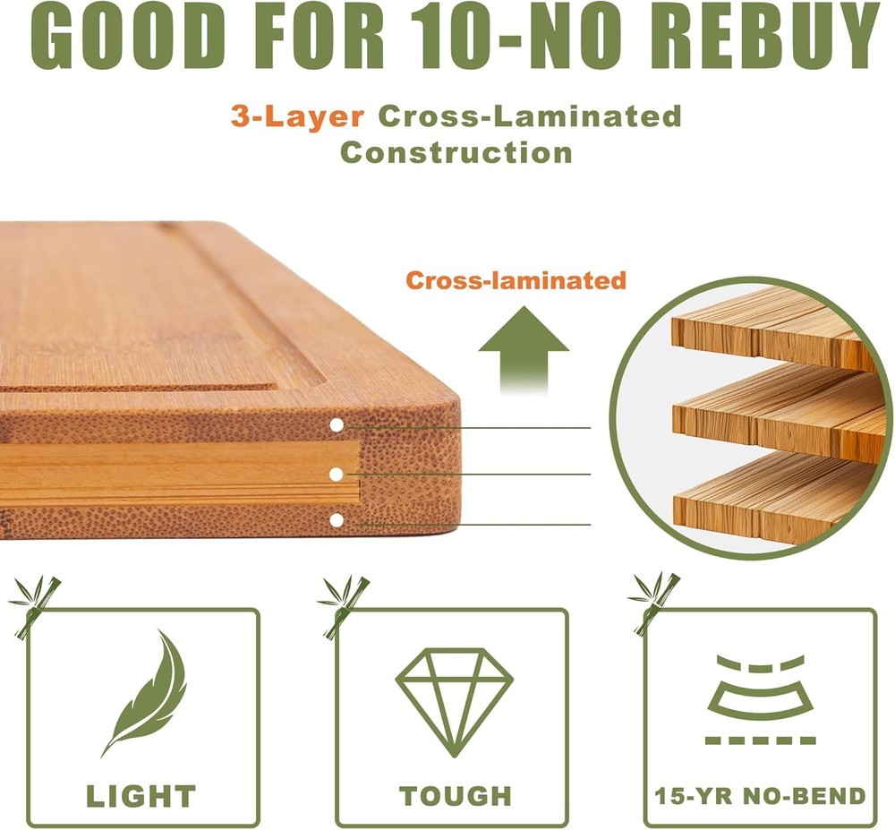 3-Piece Organic Bamboo Cutting Board Set Kitchen Carbonized Extra Sturdy