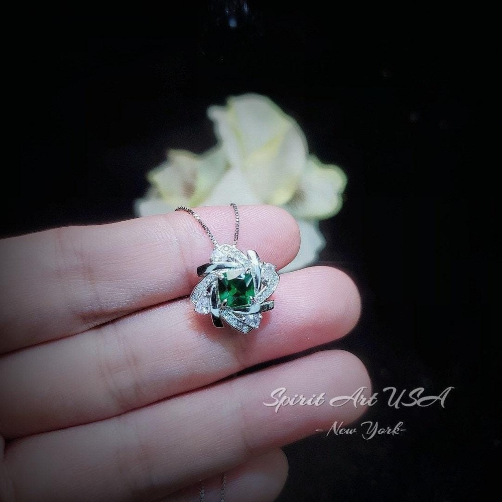 Tiny Square Emerald Necklace - 18kgp @ Sterling Silver - Gemstone Windmill
