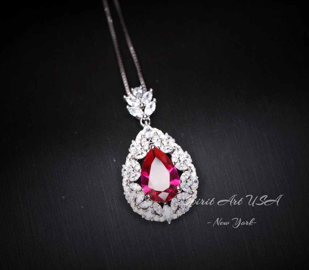 Large Teardrop Ruby Necklace - 3 CT Red Ruby Pendant - Gemstone Petal Flower -