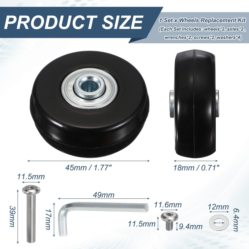 Replacement Luggage Wheels, 45x18mm & 1 Set & Rubber & Black