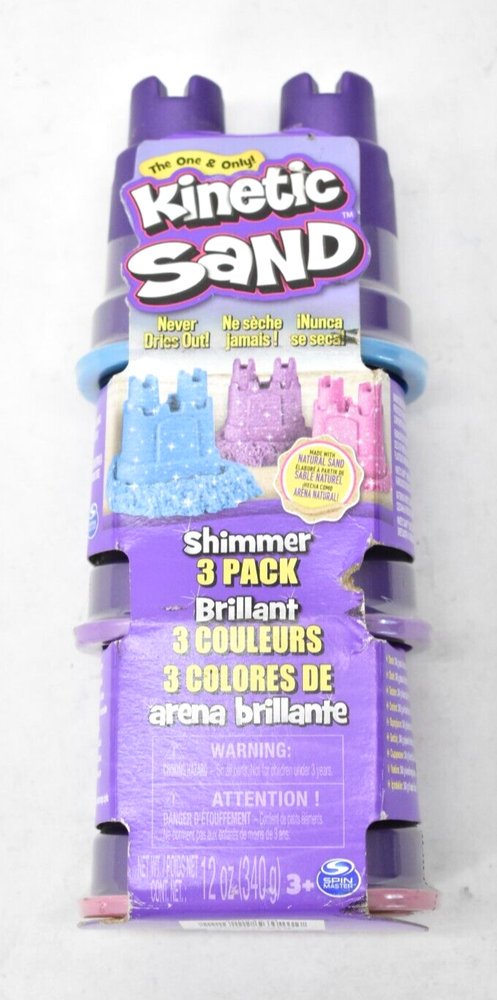 Kinetic Sand Shimmer 3 Pack 12 oz Assorted Colors Stackable Sandcastle Molds