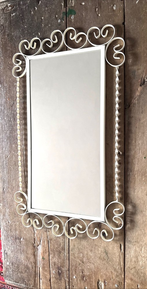 White Wrought Iron Wall Mirror Decorative Scrollwork Twisted Frame 1960/70's