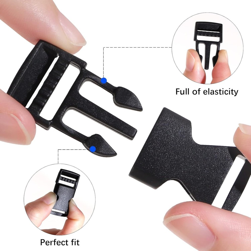 20Pack Plastic Side Release Buckles with 15mm 10Yd Black Nylon Webbing Strap