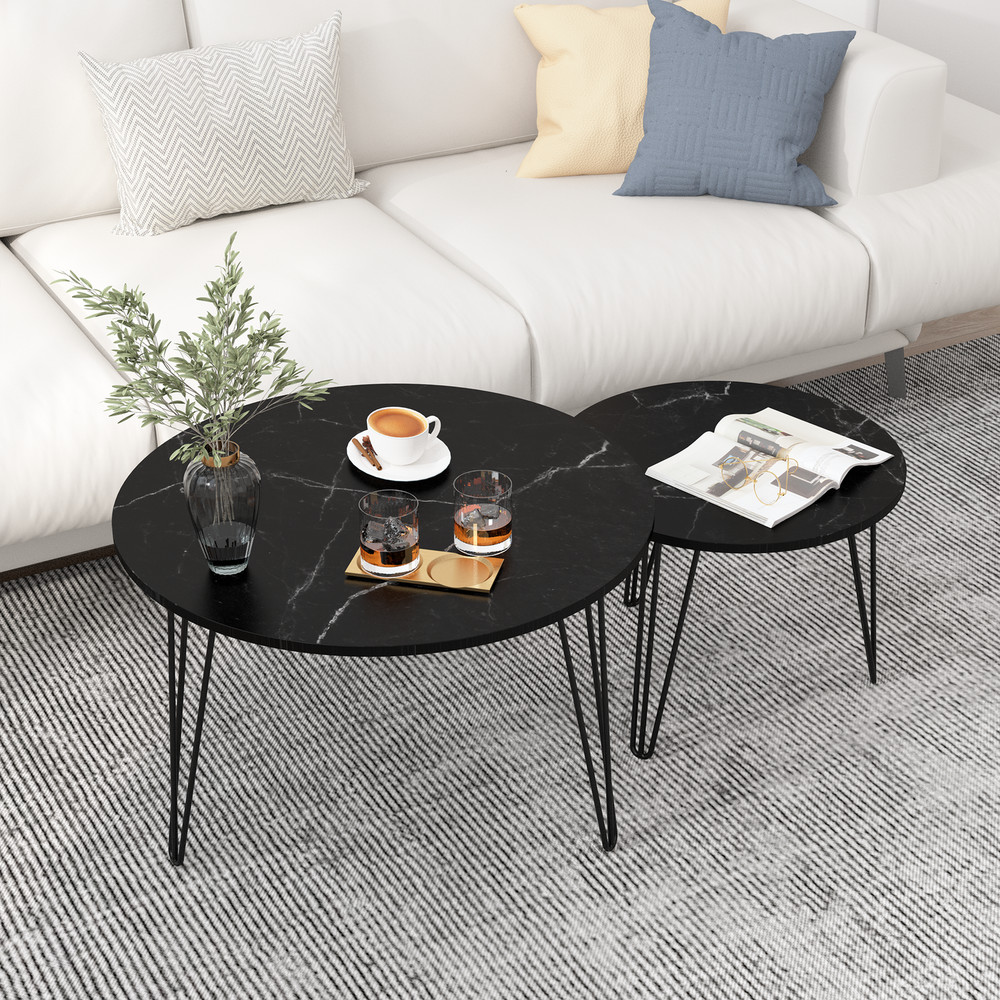 Round Nesting Coffee Table Set of 2, End Table Set, Imitation Marble Grain