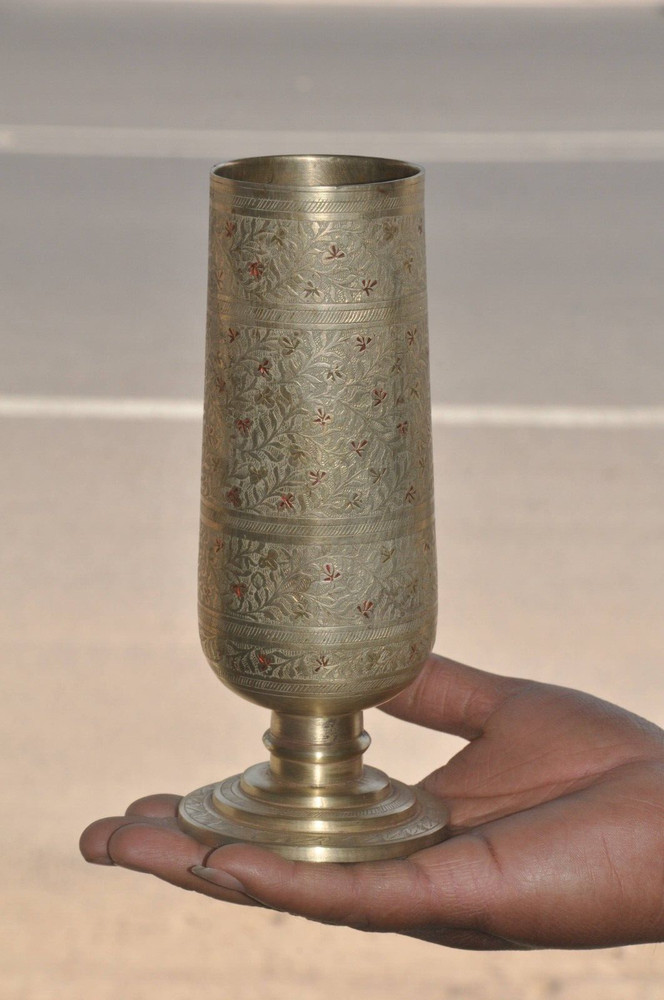 Vintage Brass Unique Shape Solid Lacquer Engraved Handcrafted Flower Vase/Pot