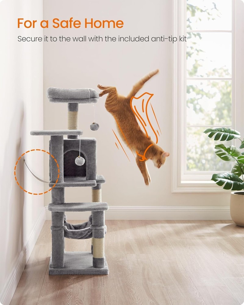 Feandrea 44.1" Cat Tree 🐱 Multi-Level Tower, Hammock, Cave, Scratching Posts