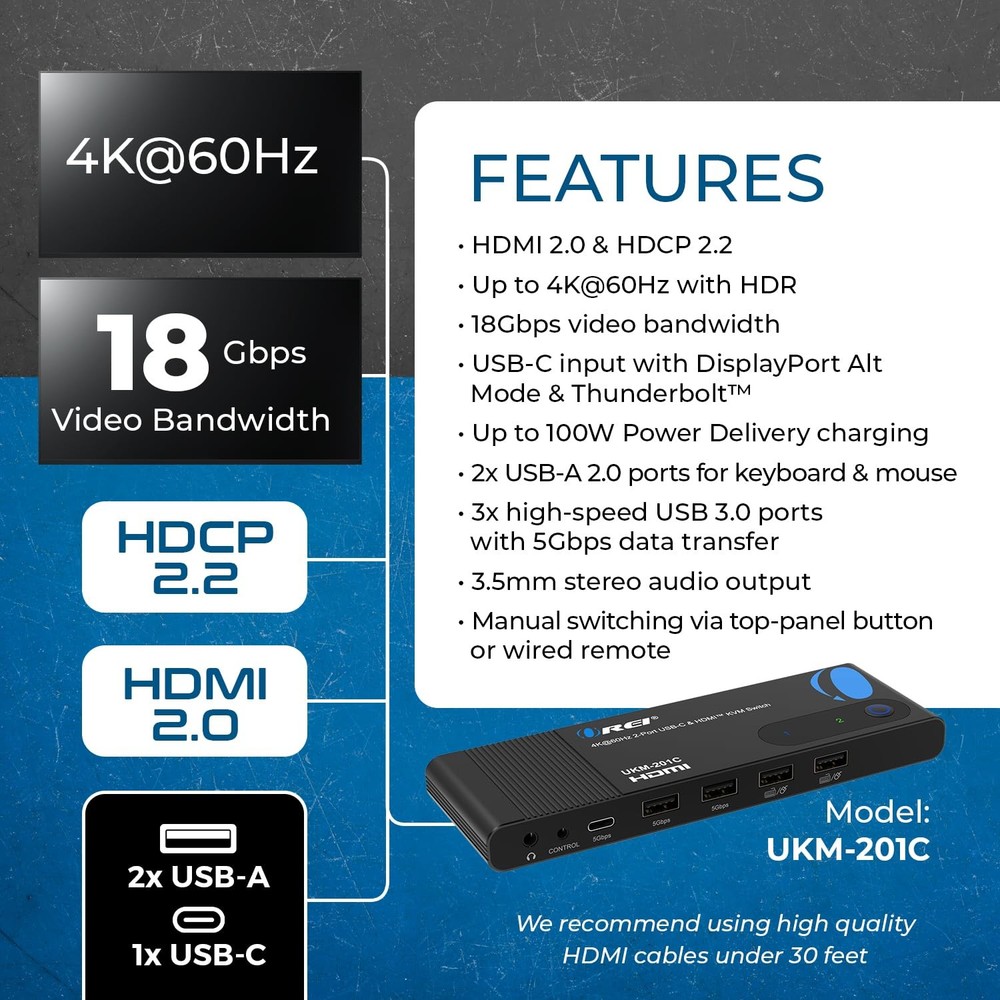 OREI 2x1 4K HDMI & USB-C KVM Switch, 4X Port USB-A, 1x USB-C Share Multiple D...