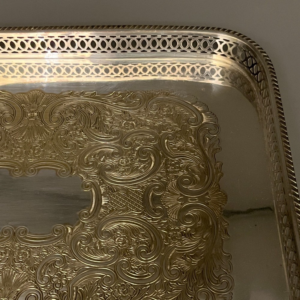 Vintage Silver Plated Gallery Tray Rectangular English Drinks Display on Brass