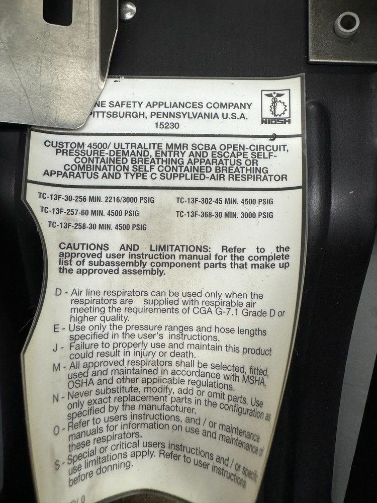 MSA Custm 4500/Ultralite MMR SCBA Open Circuit, Pressure-Demand