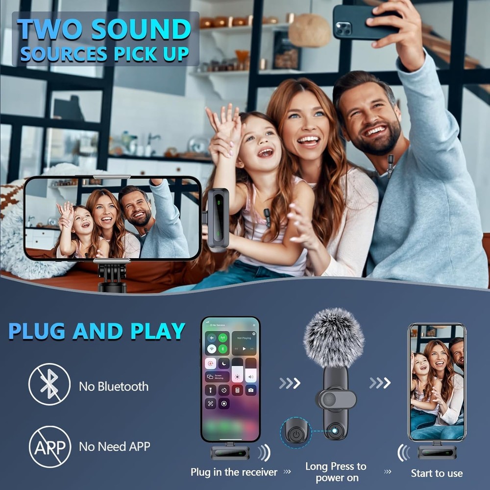 RICCHI Wireless Microphone for iPhone/iPad/Android Phone, 2 Pack Mini Microphone