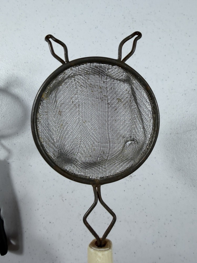 Vintage Pair Mini Tea Strainers Bakelite & Celluloid Handles Wire Mesh