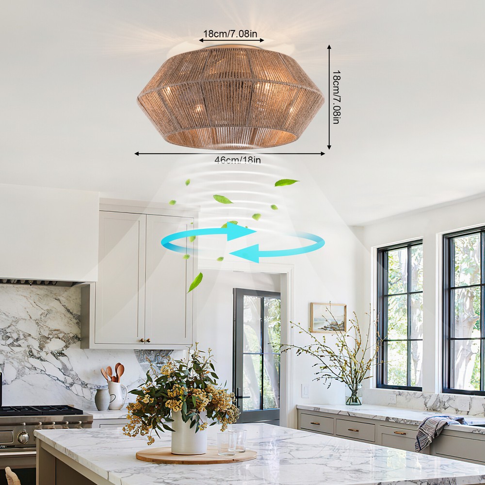 Boho Ceiling Fan Rattan Caged Flush Mount Fan Light +Remote Control Ceiling Fan