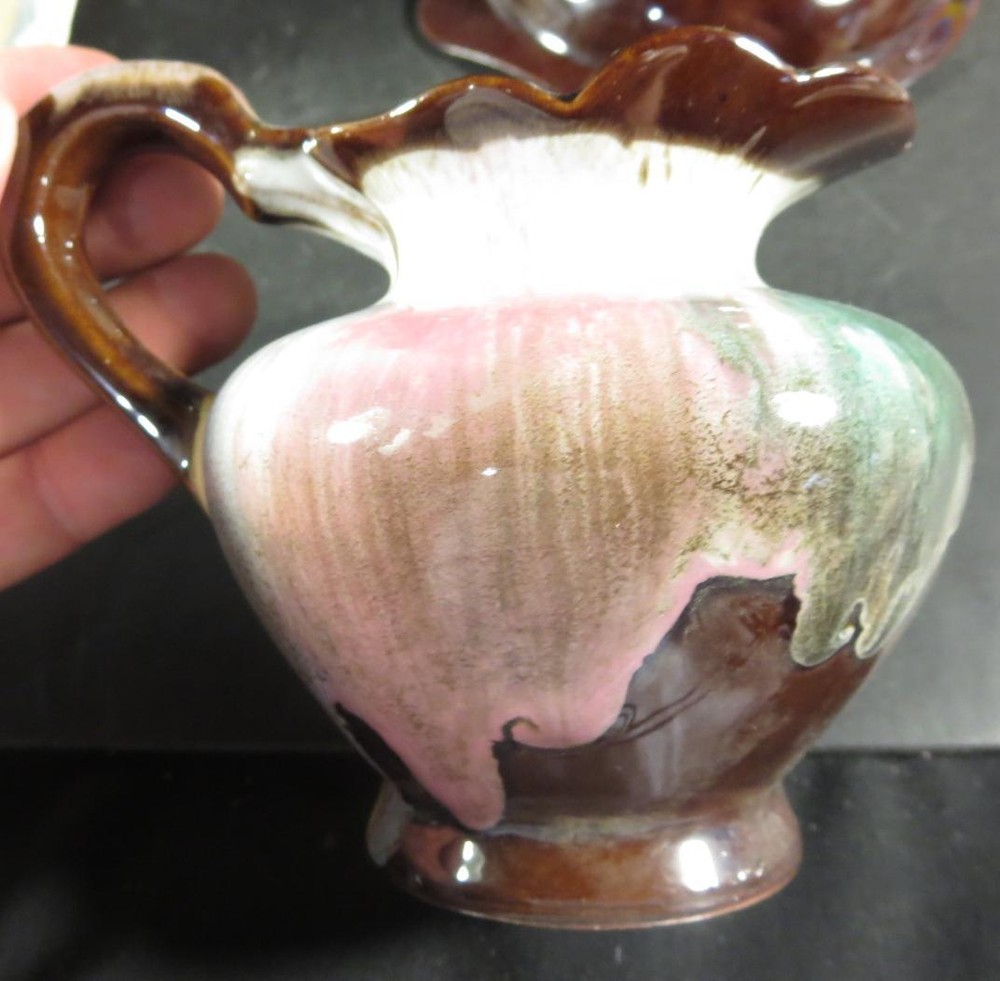 Mottled Brown & Multi-Colored Miniature Pottery Bowl & Pitcher Unknown