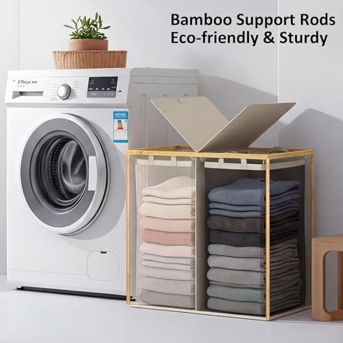 Laundry Hamper with Lid, Double Laundry Hamper with 2 140L Dual Beige