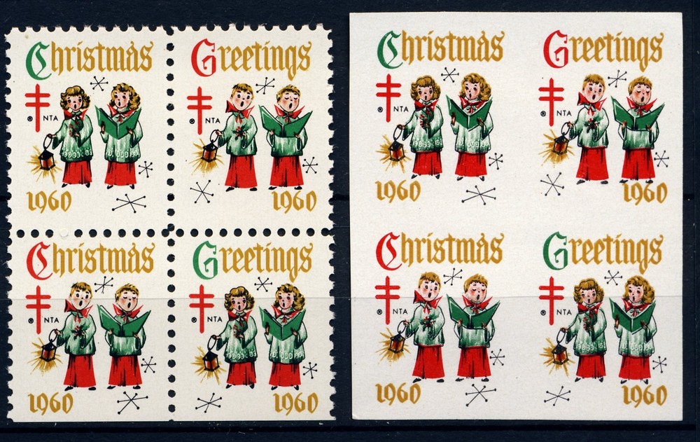 1960 USA Christmas Seal . Perf & Imperf BLOCKS (2) . Mint Never Hinged