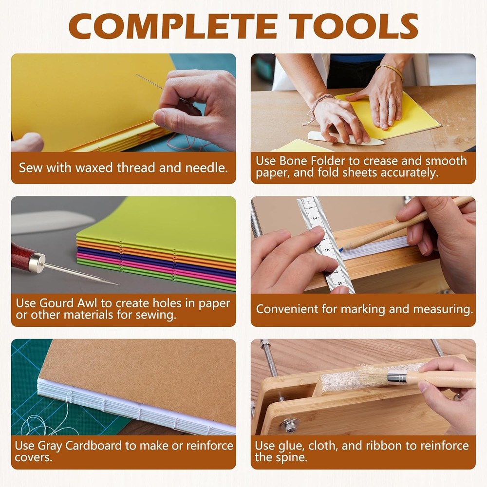 Book Binding Kit Press Waxed Thread Bone Folder Awls Needles Cloth Repair Tool