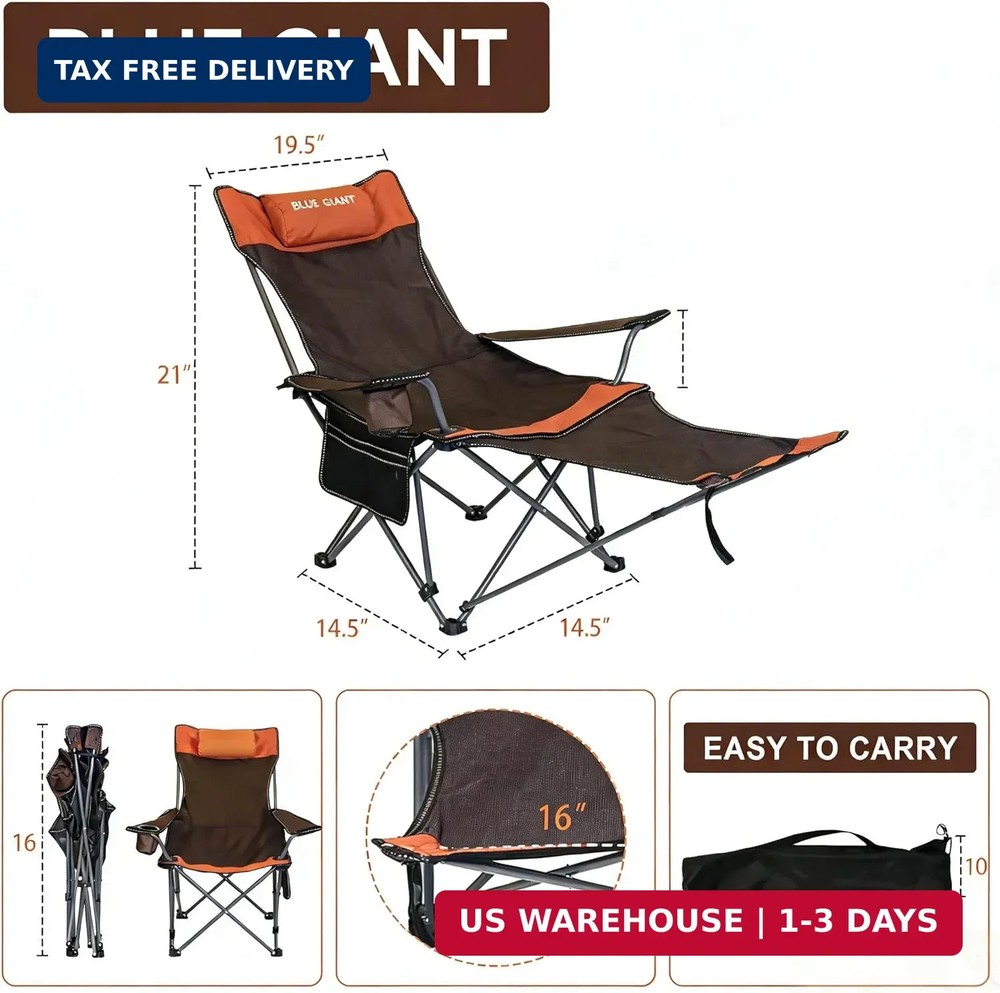 2 Pack Adjustable Folding Camping Chairs with Detachable Footrest and Headrest,