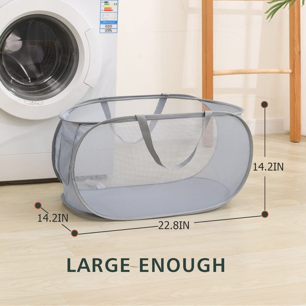 Pop Up Laundry Hamper Collapsible Horizontal Basket with Handles and Side Pocket