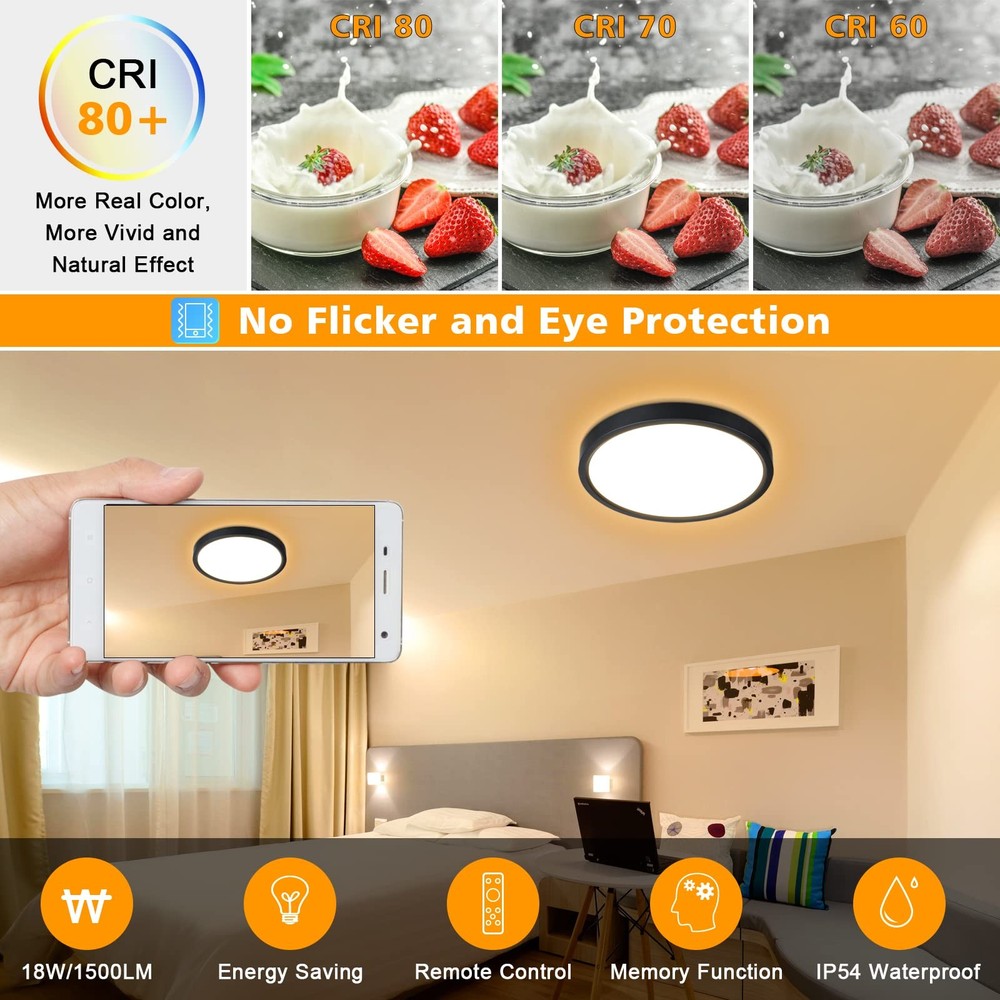 Dimmable LED Flush Mount Ceiling Light with Remote Control 3000K-6000K Color
