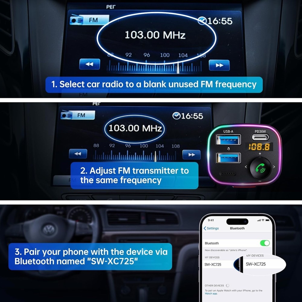 48W Bluetooth FM Transmitter Car Adapter | Fast Charging & Ambient Light Control