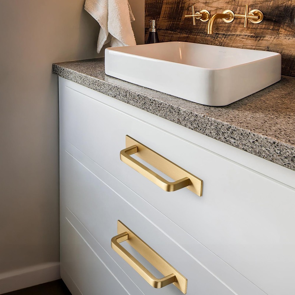 Solid Brass Cabinet Pull with Backplate, 2 Pack Brushed Gold Modern Drawer Ha...