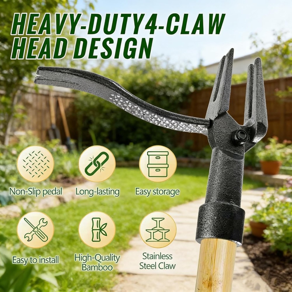 Weed Puller Tool Stand Up Heavy Duty Weed Remover Tool W/ Long Handle & 4-Claw