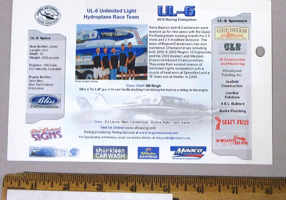autograph UL-6 BCS Racing driver KERRY BEYNON hydroplane racing 0