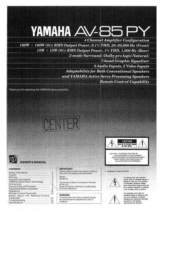 Yamaha AV-85PY Amplifier Owners Manual