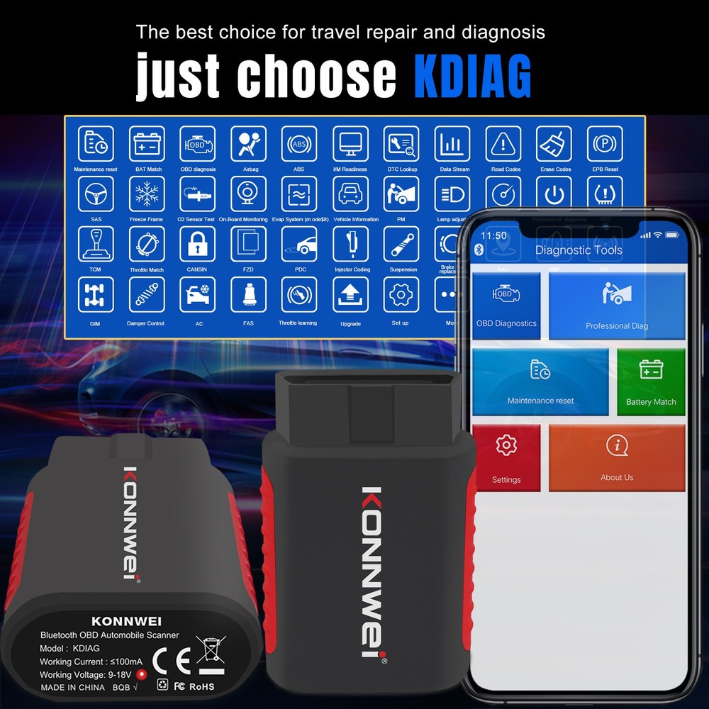 KONNWEI KDIAG Wireless Car OBD2 Reader Code Scanner ABS SRS Diagnostic Tool