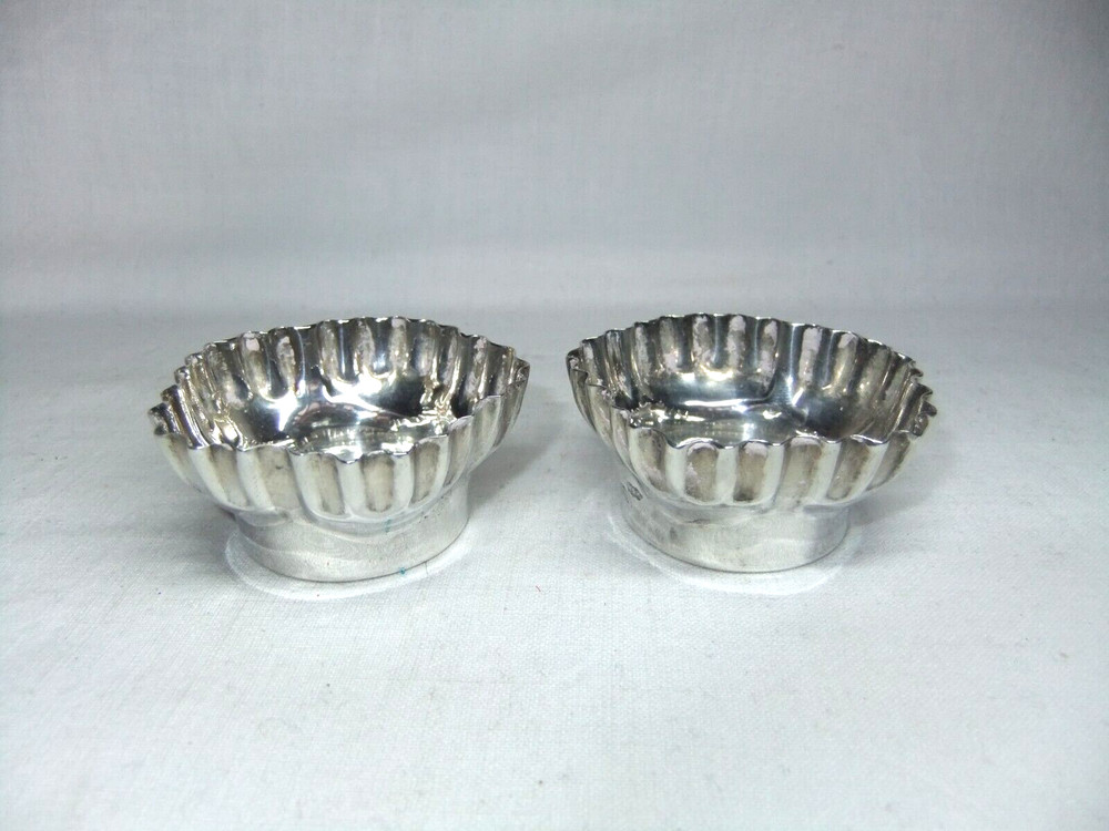 Pair Antique Sterling Solid Silver Hexagonal Scalloped Open Salt Cellars 1892