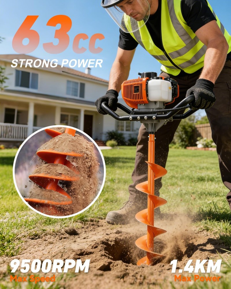 NEO-TEC 63CC Post Hole Digger Auger Drill Gas Powered 2-Stroke 6" 10" Drill Bits