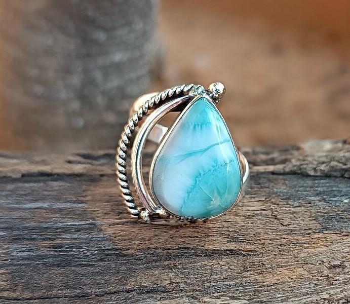 Solid 925 Sterling Silver Natural Larimar Pear Gemstone Twisted Rope Band Ring