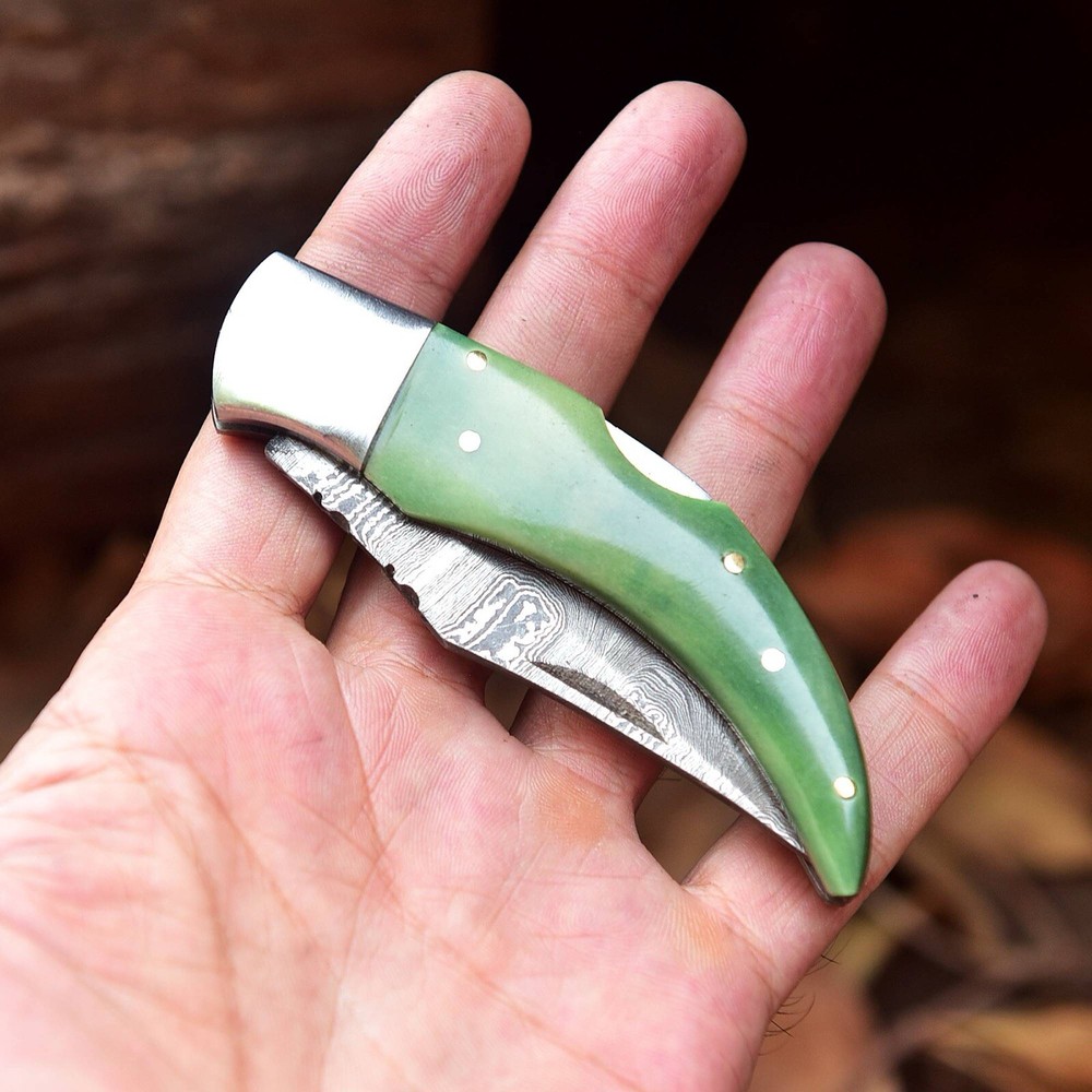 Real Damascus Steel Foldable Blade Pocket Knife Original Camel Bone Handle